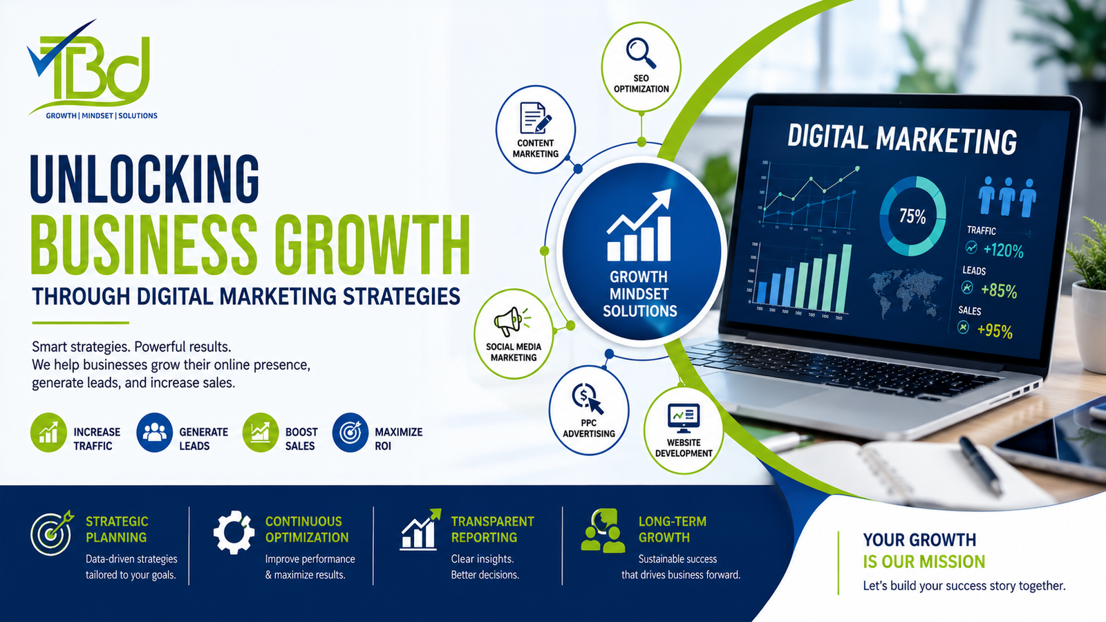 Digital marketing growth strategy banner featuring TrueBlue Digital services including SEO, content marketing, PPC advertising, social media marketing, website development, and business growth solutions