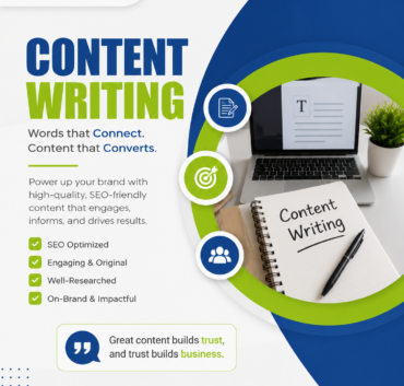 A premium Instagram post promoting professional content writing services by TrueBlu Digital. The design features the TBD logo at the top, a modern blue and green theme, content writing icons, a laptop workspace, and highlights SEO-optimized, engaging,