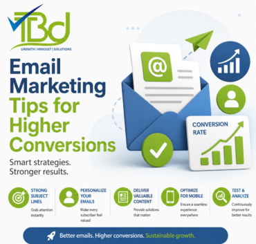 Modern email marketing illustration featuring a blue email envelope, email icon, growth charts, and digital marketing elements with the title "Email Marketing Tips for Higher Conversions