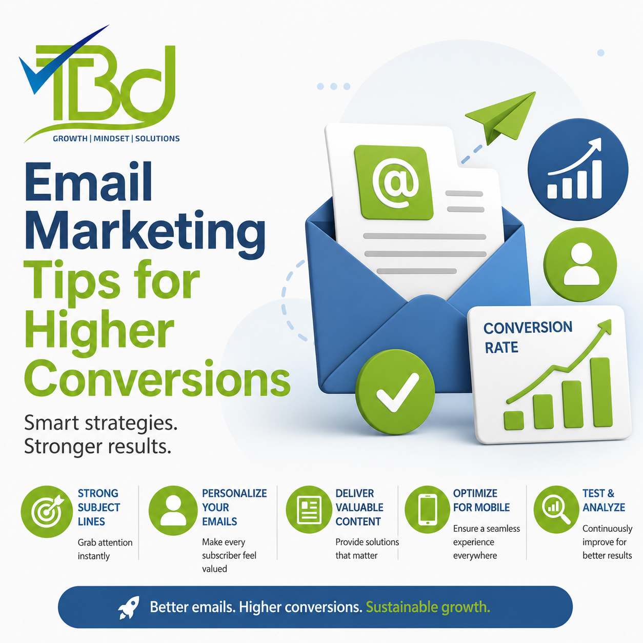 Modern email marketing illustration featuring a blue email envelope, email icon, growth charts, and digital marketing elements with the title "Email Marketing Tips for Higher Conversions