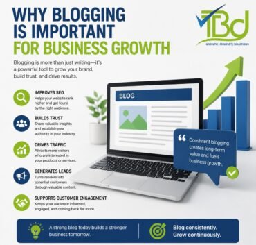 Professional infographic explaining why blogging is important for business growth, featuring a laptop with a blog page, SEO icons, traffic growth chart, trust-building, lead generation, customer engagement,