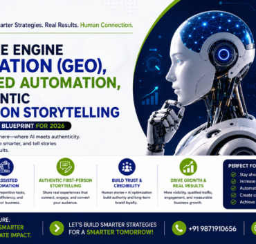 A futuristic digital marketing infographic illustrating the future of digital marketing in 2026, featuring AI-powered automation, Generative Engine Optimization (GEO), authentic first-person storytelling, AI search engines, business applications, future trends, and TrueBluDigital branding.